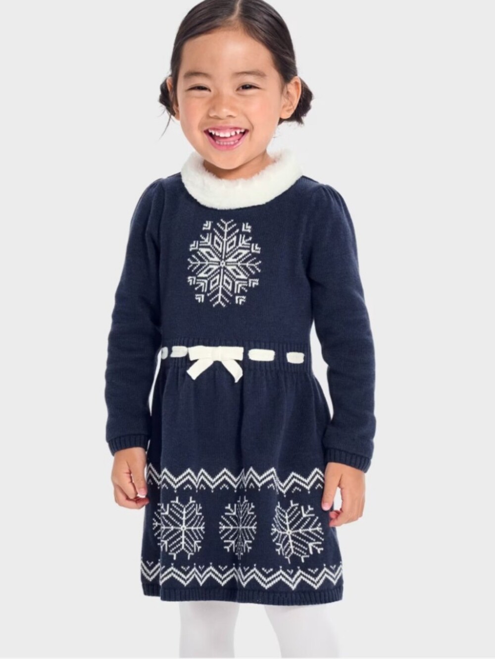 NWOT Girls' Navy Snowflake Knit Dress with Faux Fur Collar, Size 2T